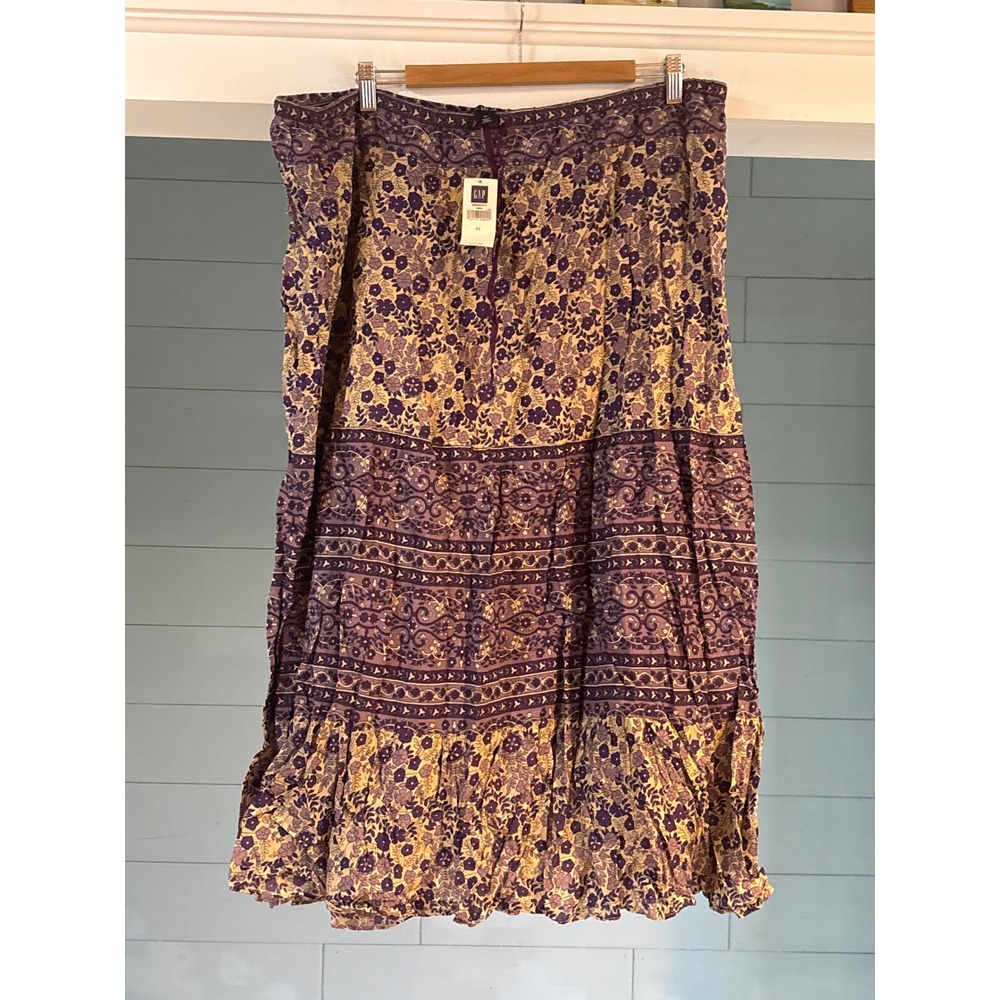 GAP Purple Floral Tiered Cotton Maxi Skirt Boho Block Print XL NWT